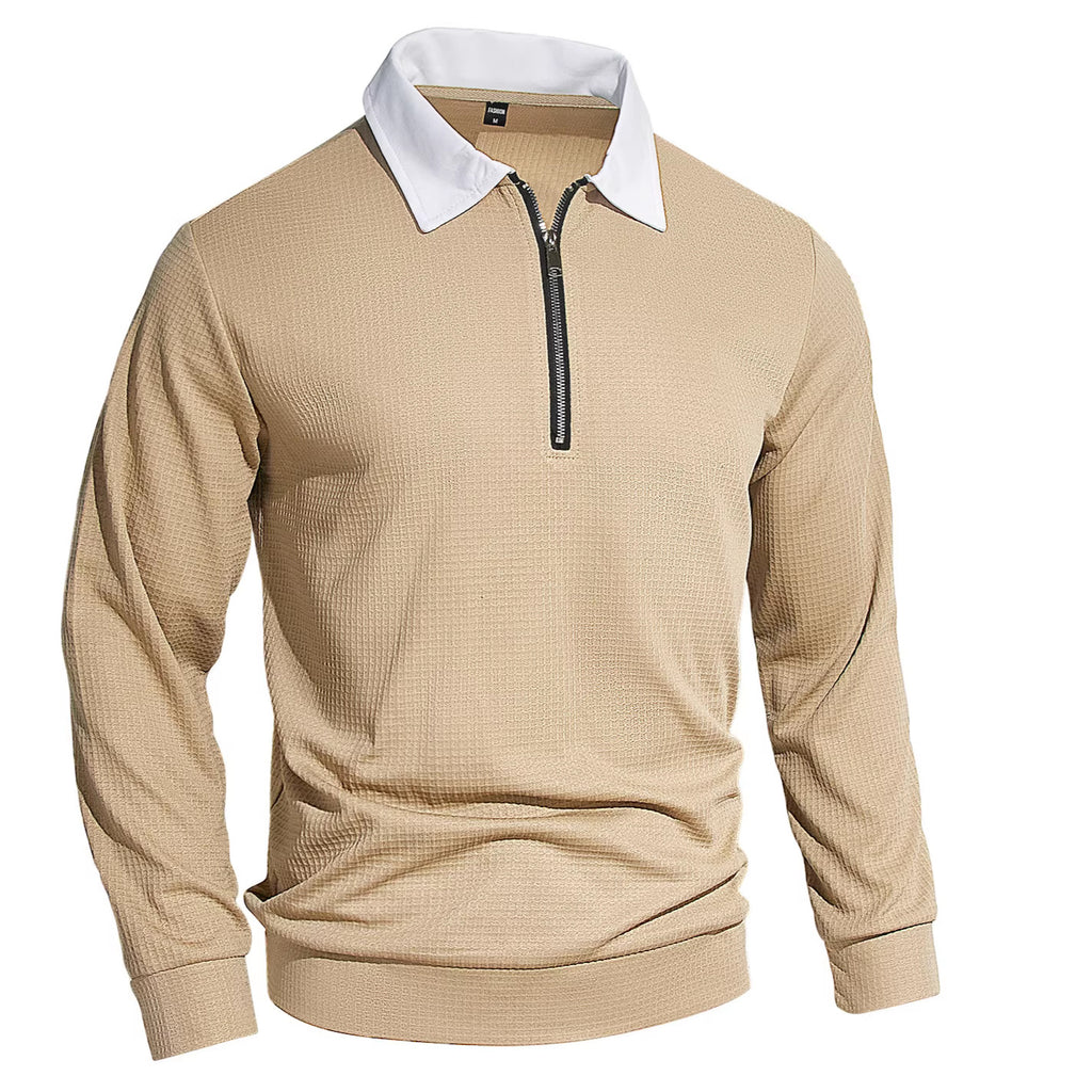 Solid-color Waffle-knit Long-sleeve Lapel Zip-up Shirt