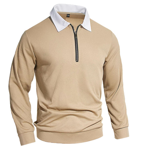 Solid-color Waffle-knit Long-sleeve Lapel Zip-up Shirt