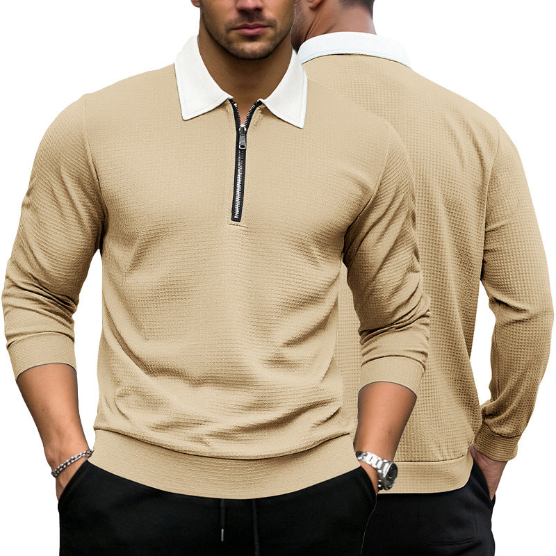 Solid-color Waffle-knit Long-sleeve Lapel Zip-up Shirt