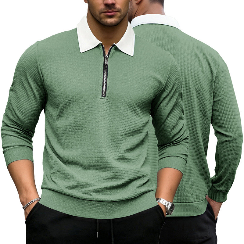 Solid-color Waffle-knit Long-sleeve Lapel Zip-up Shirt
